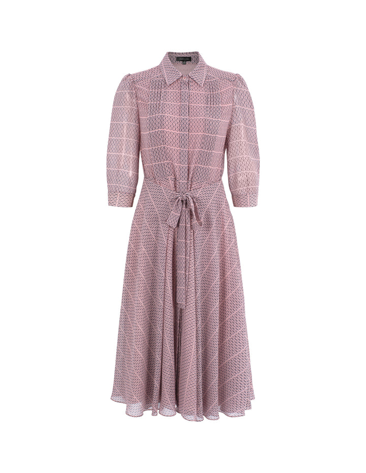 MARYLING Lapel Puff Long-Sleeve Pin Tuck Plaid with Tie Belt Pleated Midi Shirt Dress