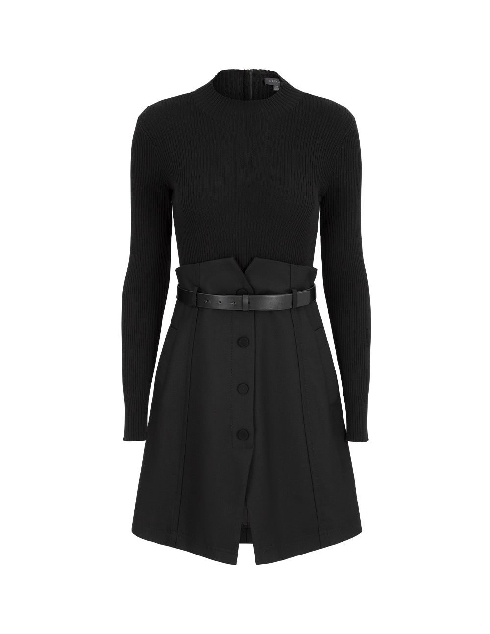 MARYLING Black Faux Wool Knit Slit Dress