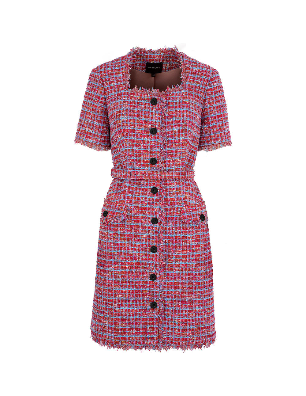 MARYLING Powder Blue Plaid Tweed Short-Sleeved Dress