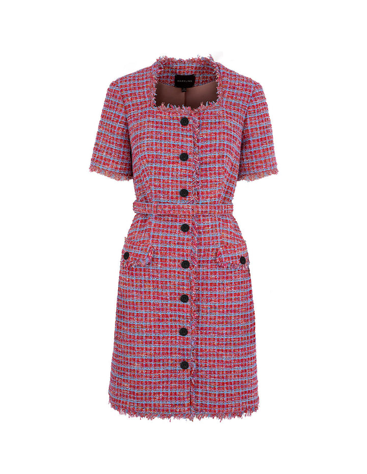MARYLING Powder Blue Plaid Tweed Short-Sleeved Dress