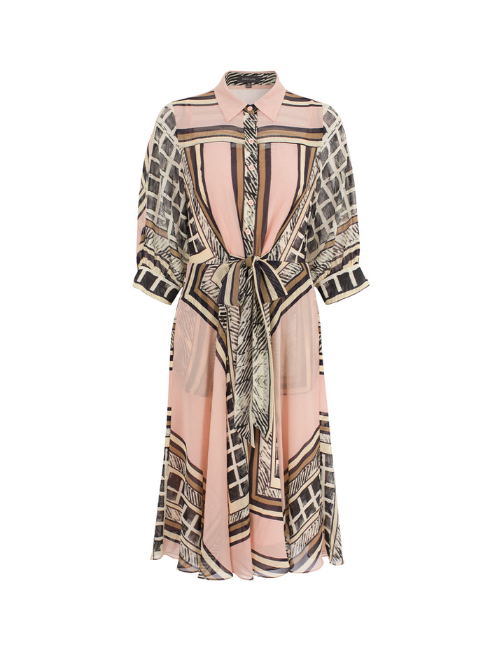 MARYLING Collared Long Sleeve Belted Geometric Print Pleated Midi Shirt Dress