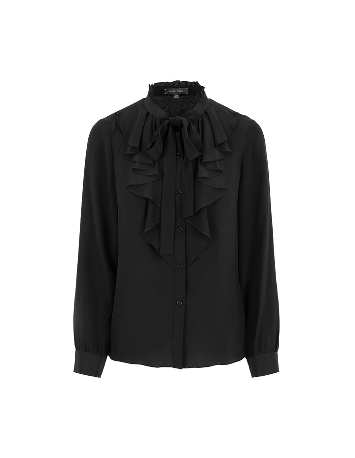 MARYLING Black Ruffled Long-Sleeved Silk Blouse