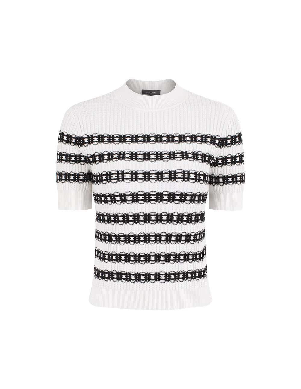 MARYLING Round Neck Short Sleeve Lace Textured Stripe Knit Top