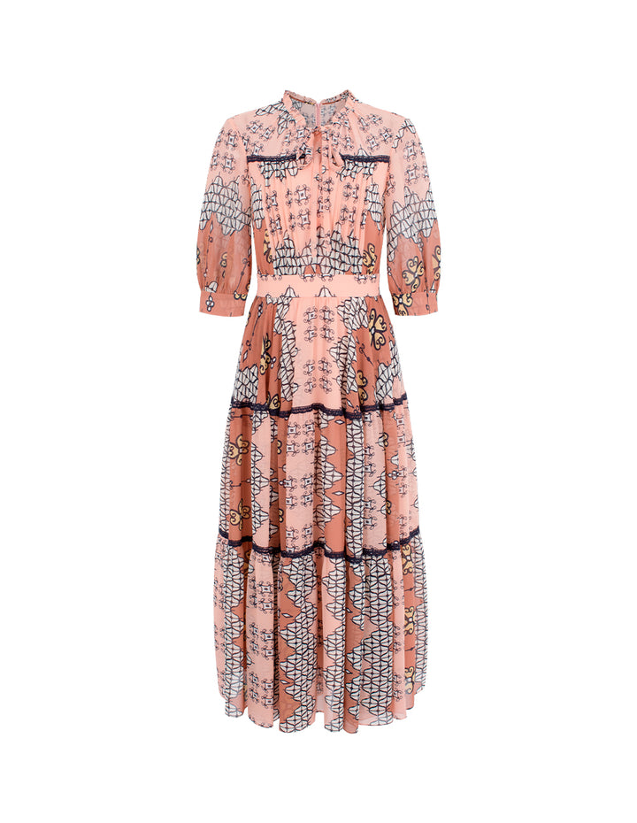 MARYLING Ruffled V-Neck Short-Sleeve Empire-Waist  Geometric Print Pleated Midi Dress