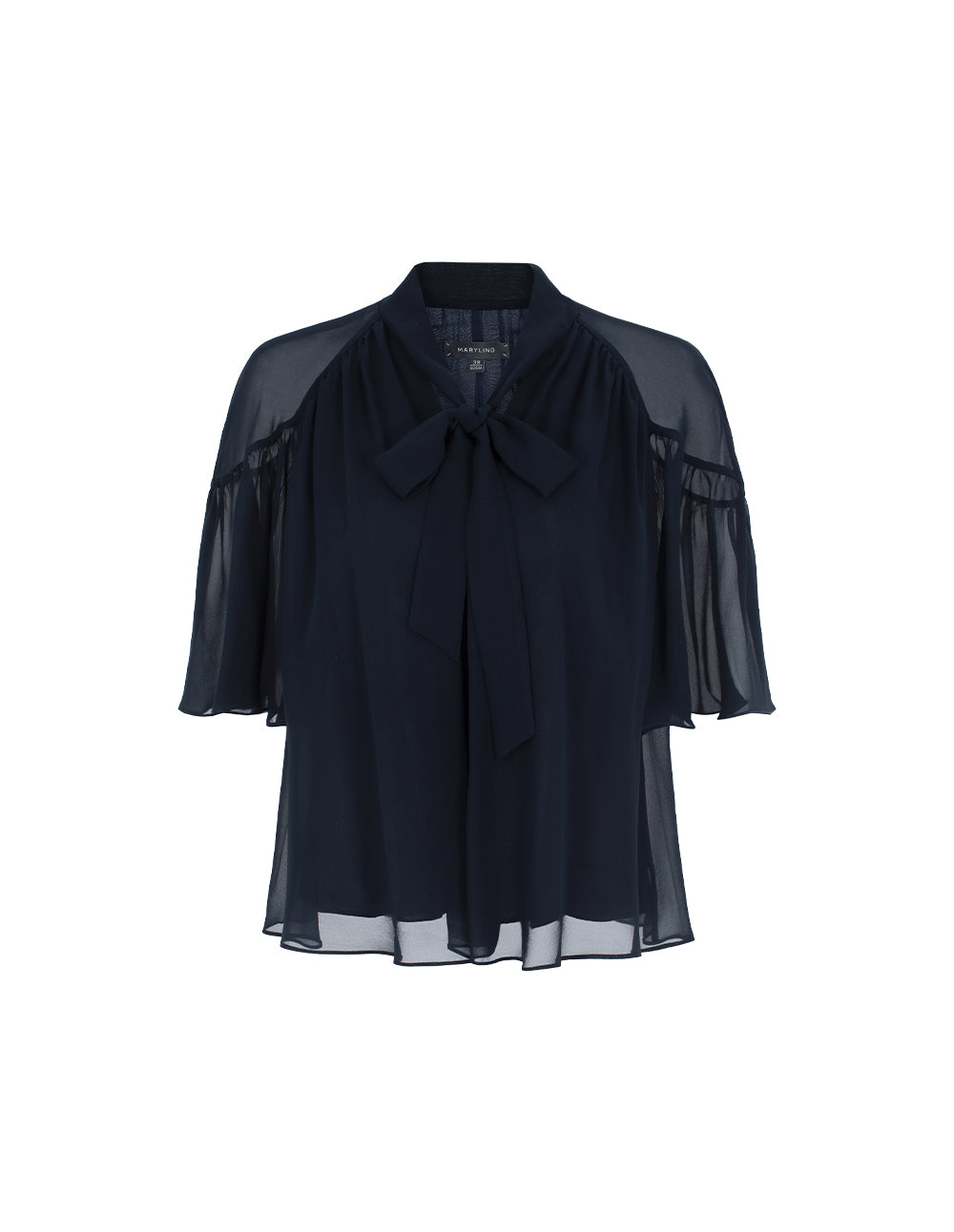 MARYLING V-Neck Half-Sleeve Sheer Overlay Bow Silk Black Top