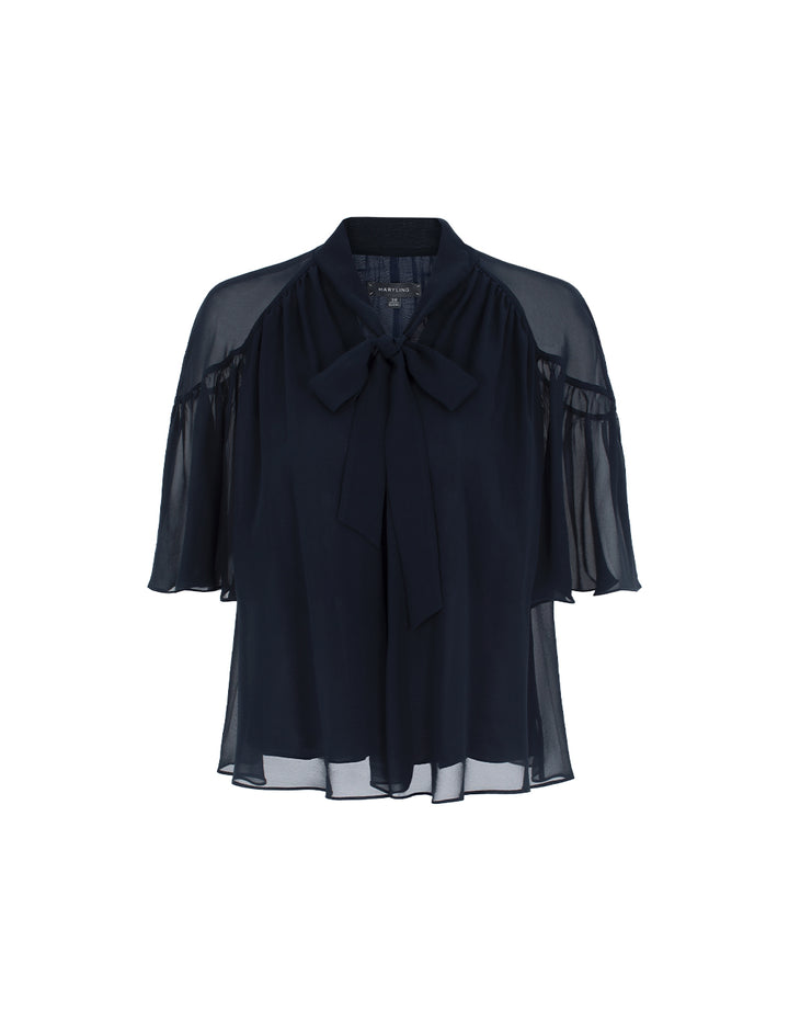 MARYLING V-Neck Half-Sleeve Sheer Overlay Bow Silk Black Top