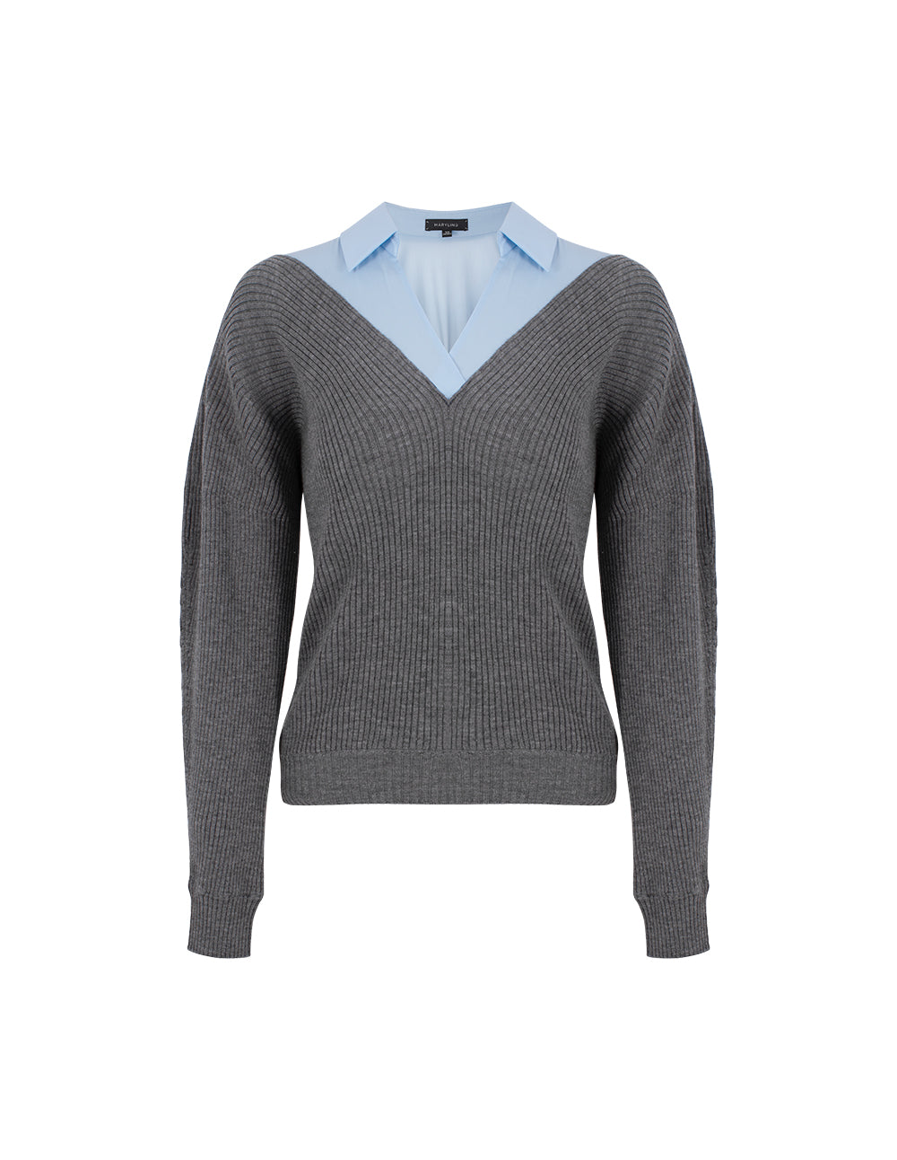MARYLING Gray-Blue Wool Knit Patchwork Shirt Two-Tone Pullover