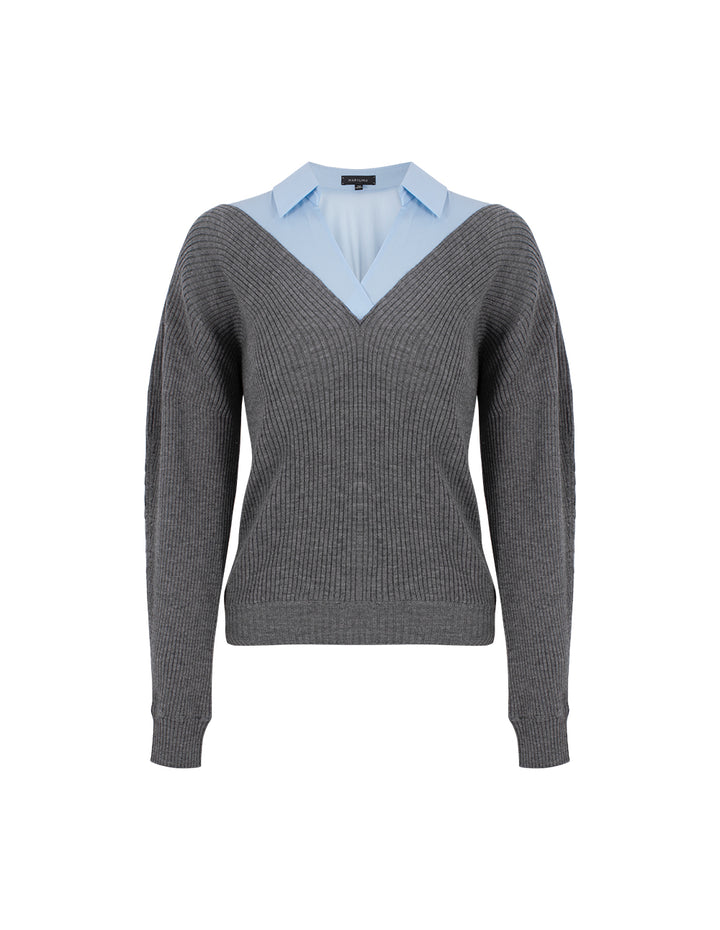 MARYLING Gray-Blue Wool Knit Patchwork Shirt Two-Tone Pullover