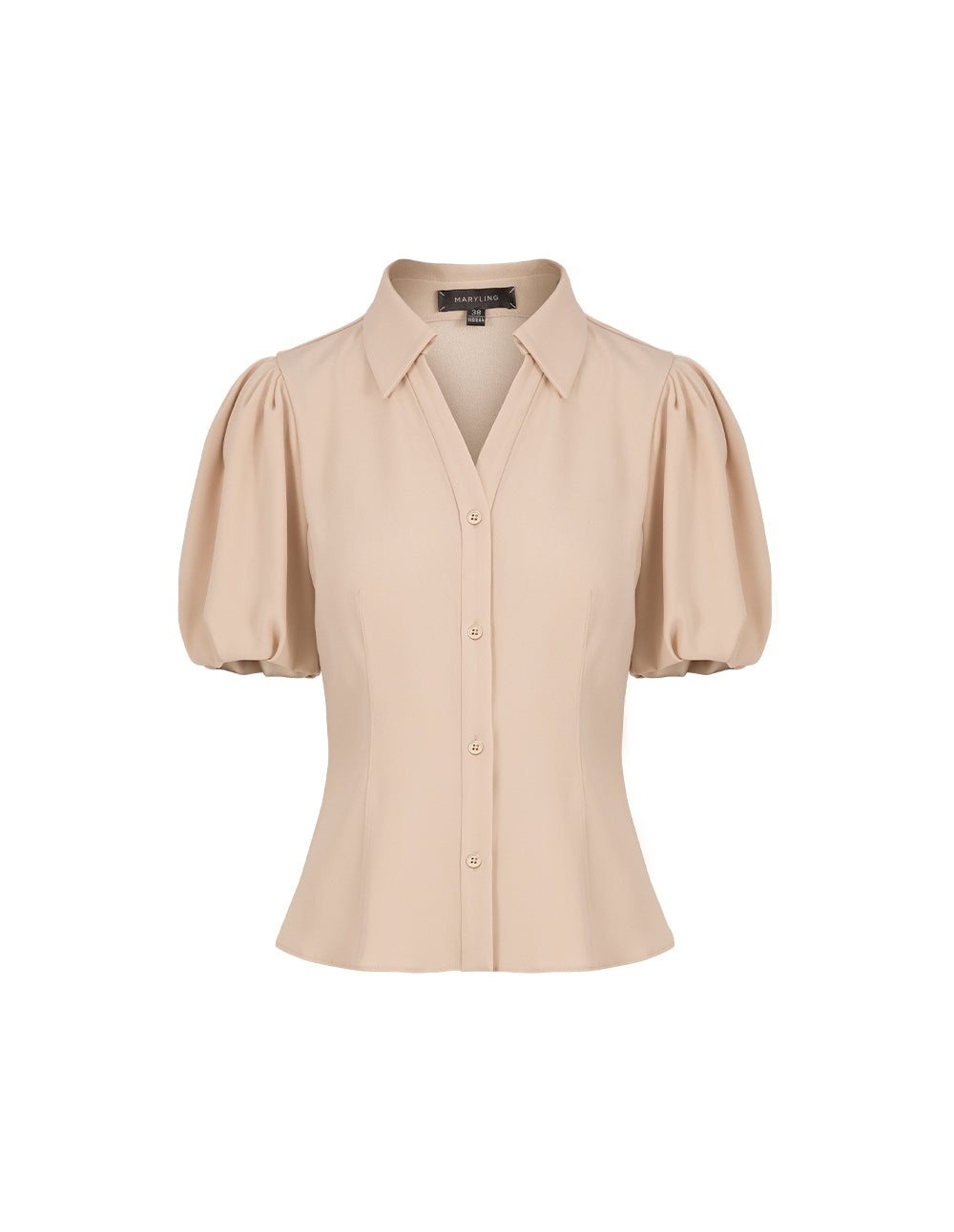 MARYLING V-Neck Puff Sleeve Waist Apricot Top