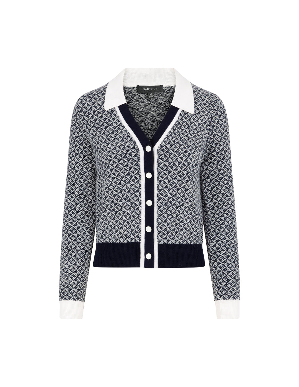 MARYLING Blue & White Trimmed Wool Knit Cardigan