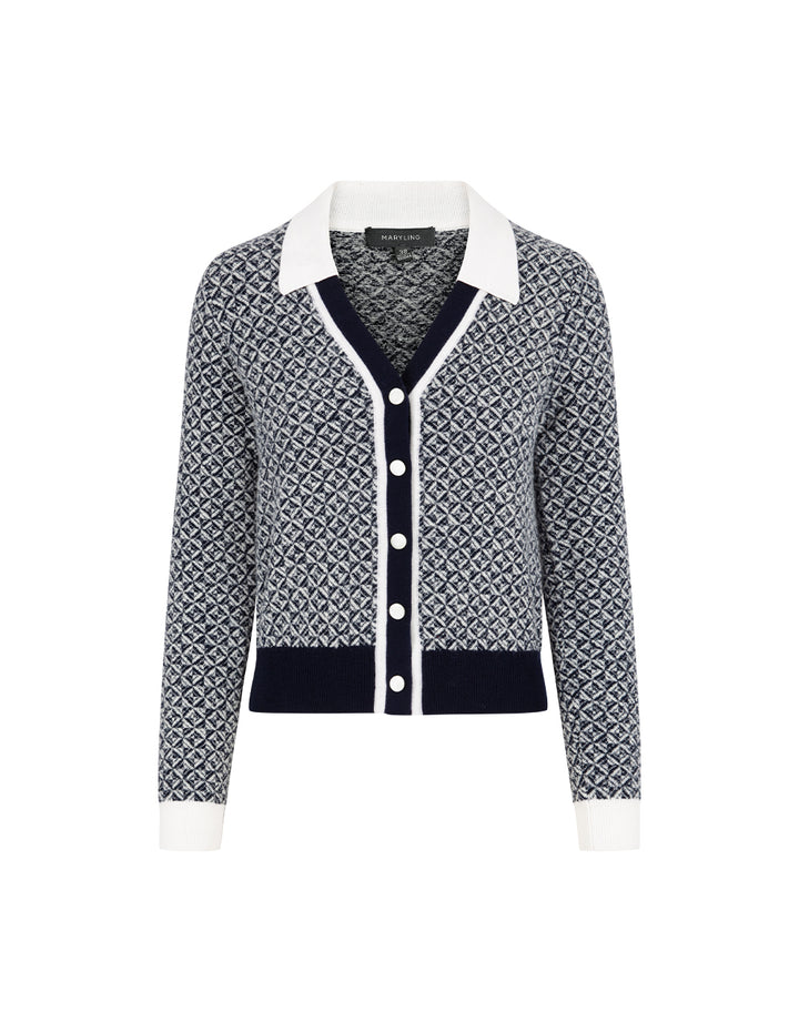 MARYLING Blue & White Trimmed Wool Knit Cardigan