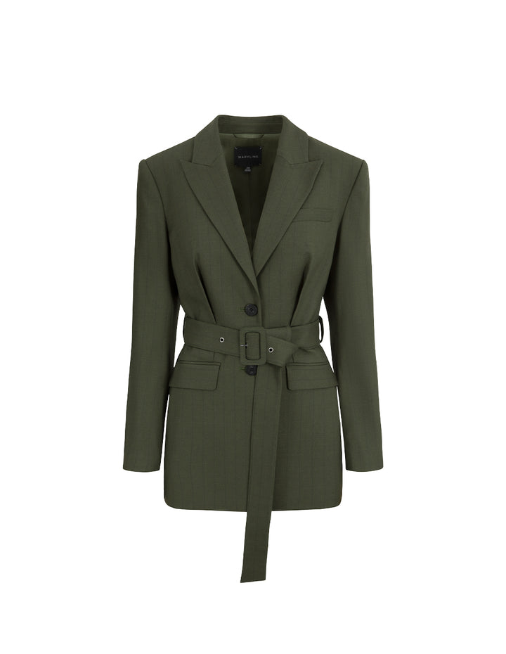 MARYLING Army Green Lapel Long-Sleeve Single-Breasted Midi-Length Coat