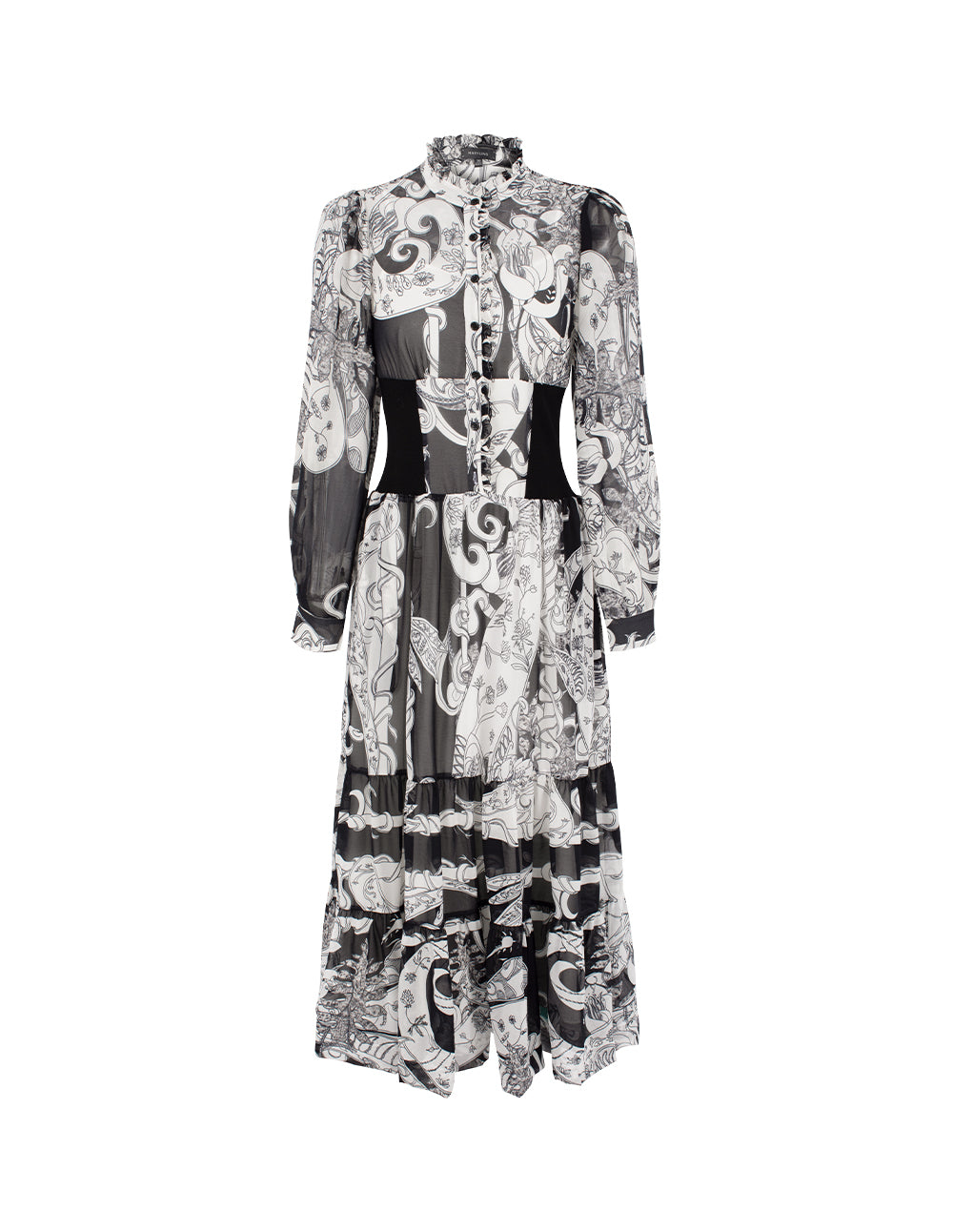 MARYLING Semi-High Neck Ruffle Paisley Print Pleated Midi Dress