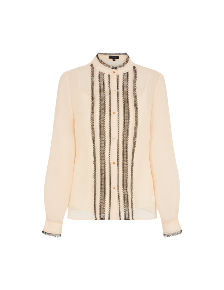 MARYLING Mandarin Collar Long-Sleeve Lace-Ruffle-Trim Silk Blouse