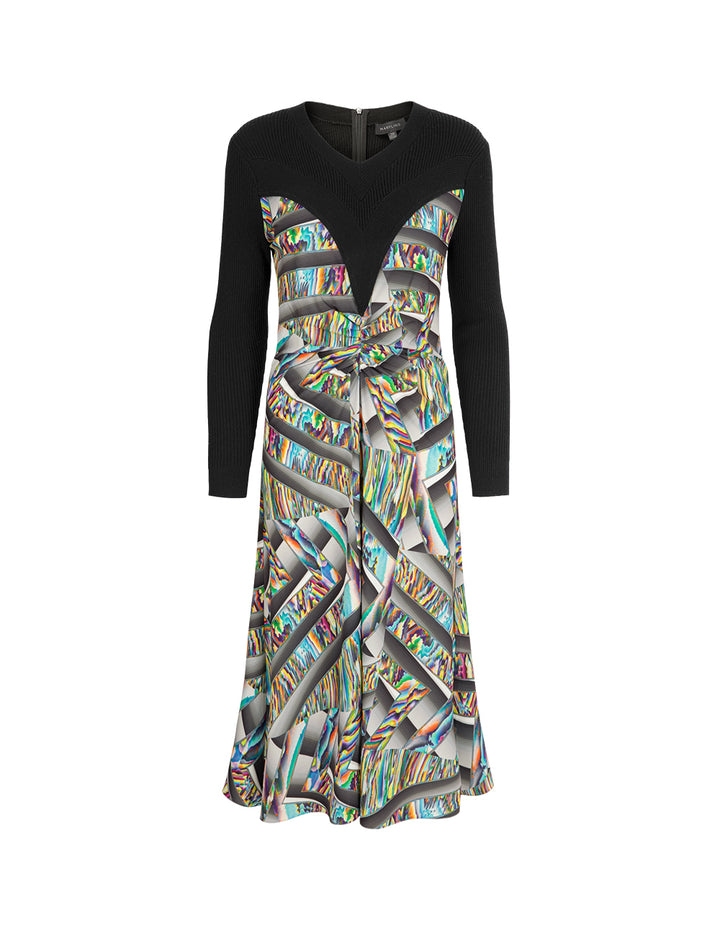 MARYLING Round-Neck Long-Sleeve Empired Knitted Printed Midi Dress