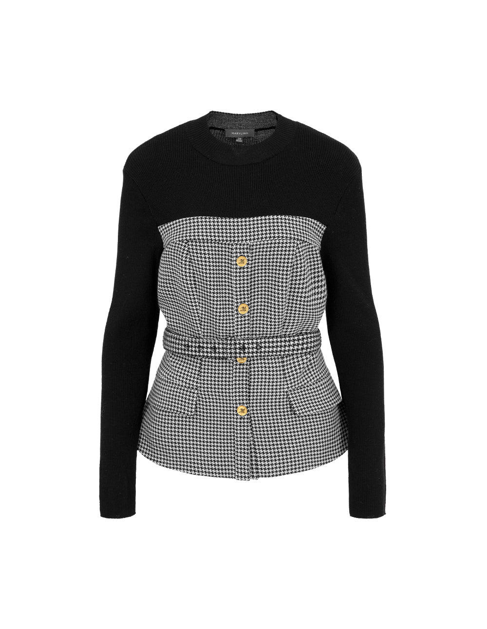 MARYLING Houndstooth Patchwork Knitted Top With Belt