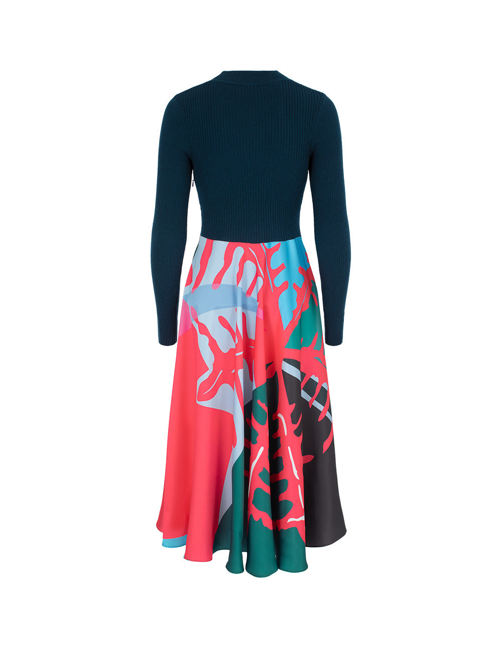 MARYLING Crew Collar Knitted Patchwork Printed Pleated Midi Dress