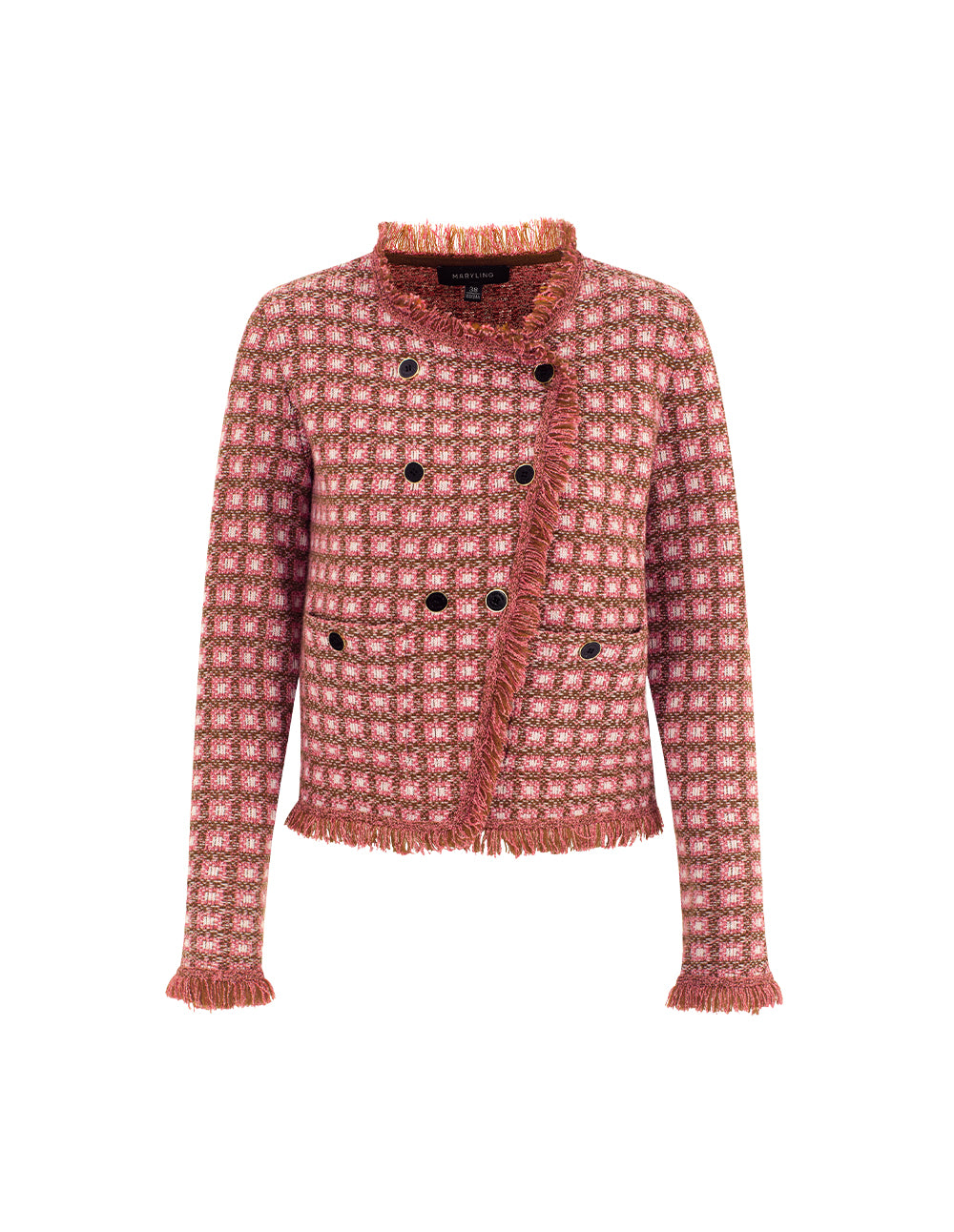 MARYLING Round Neck Long Sleeve Plaid Double-Breasted Knit Cardigan