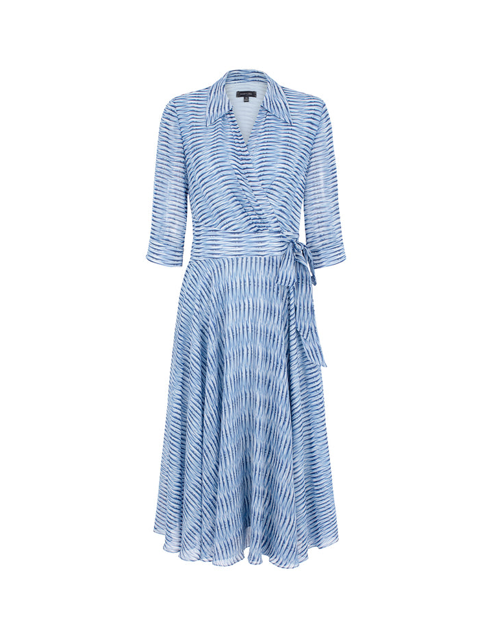 MARYLING Lapel Stripe Print Empire-Waist Pleated Midi Wrap Dress
