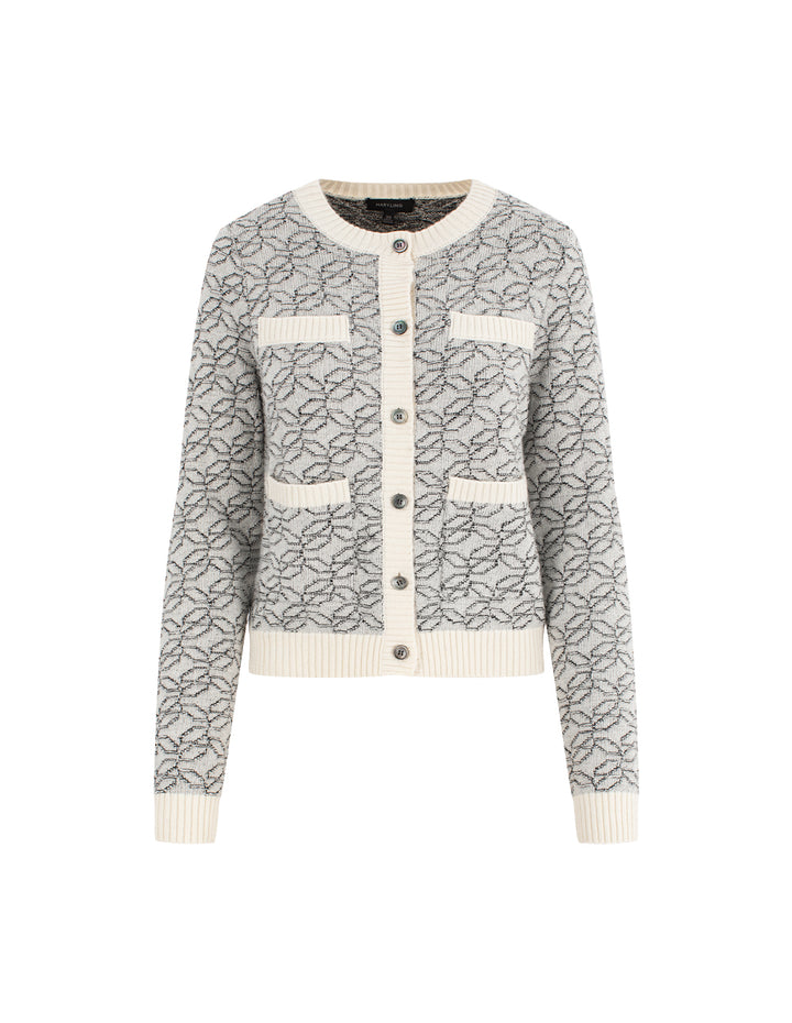 MARYLING Ribbed Round Neck Long Sleeve Printed Wool Knit Cardigan