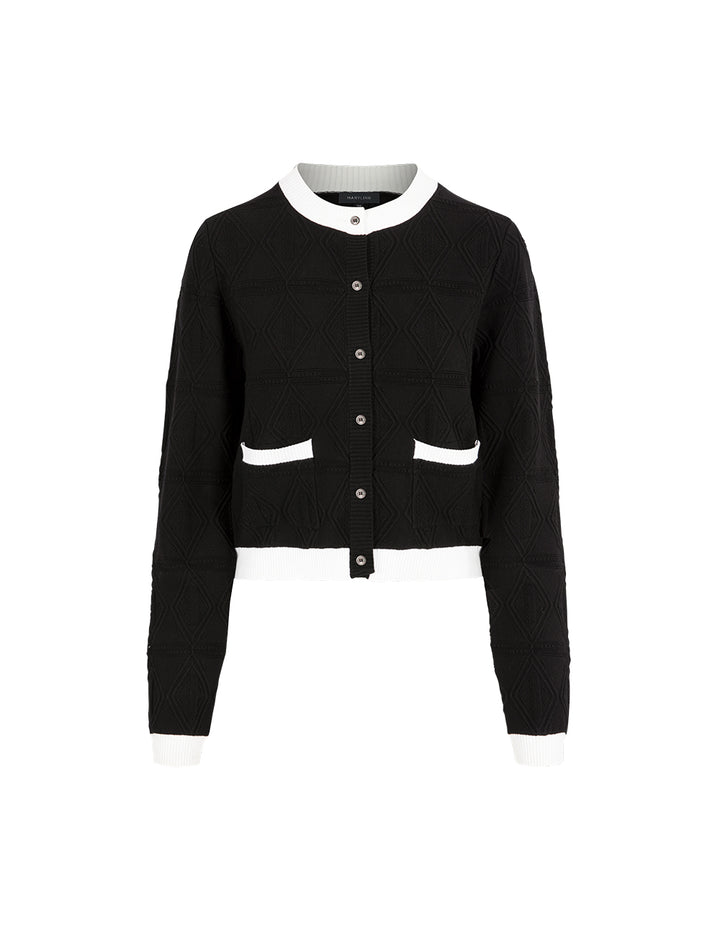 MARYLING Black And White Contrasting Round Neck Dark Pattern Knitted Cardigan