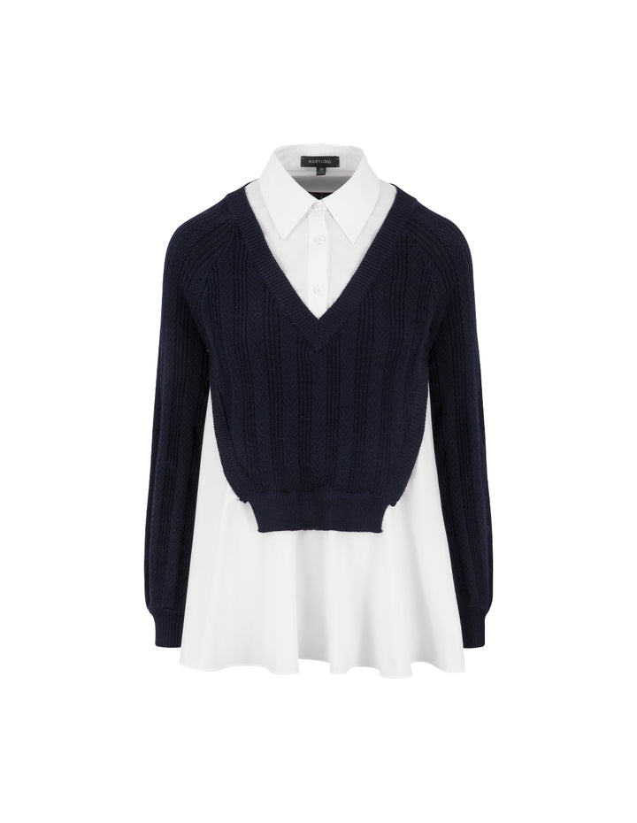 MARYLING Blue A& White Long-Sleeve Patchwork Knitted Blouse
