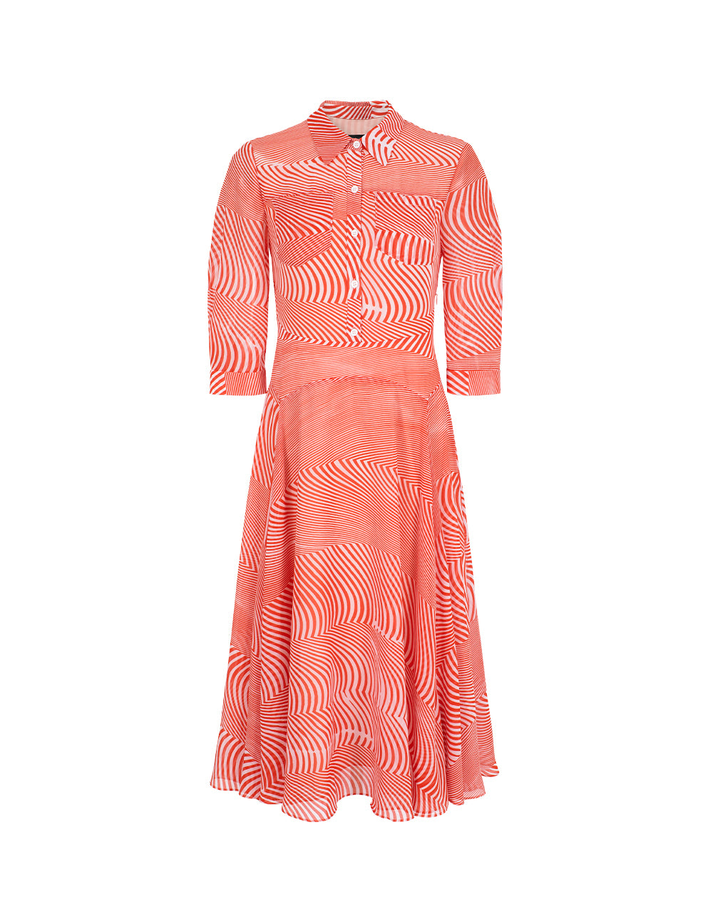 MARYLING Half-Sleeve Striped-Print Pleated Midi Shirt Dress