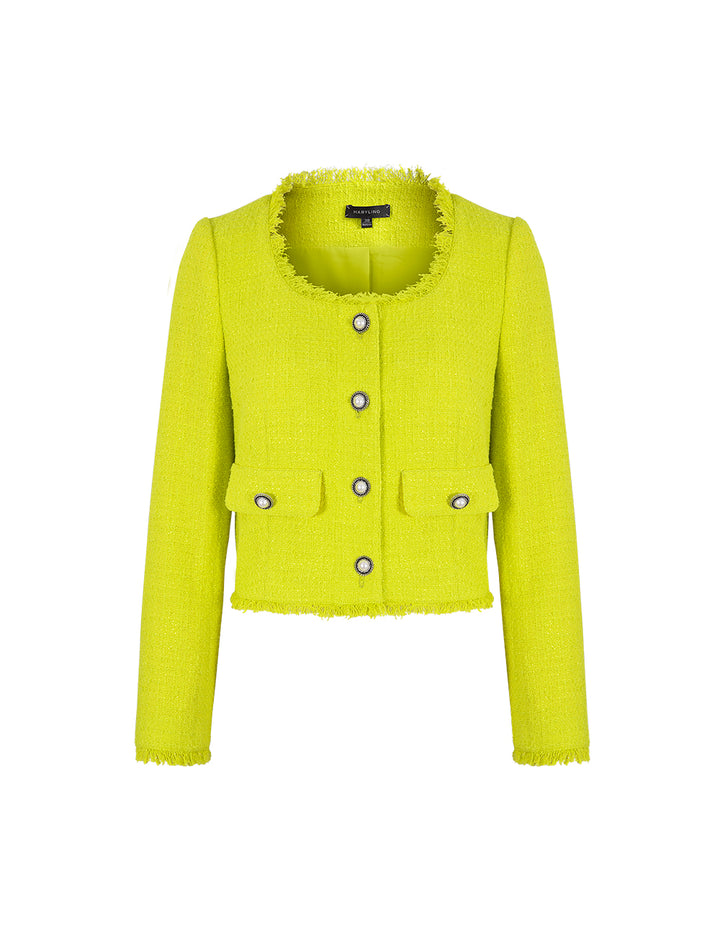 MARYLING Bright Yellow Crew Neck Tassel Detail Tweed Short Jacket
