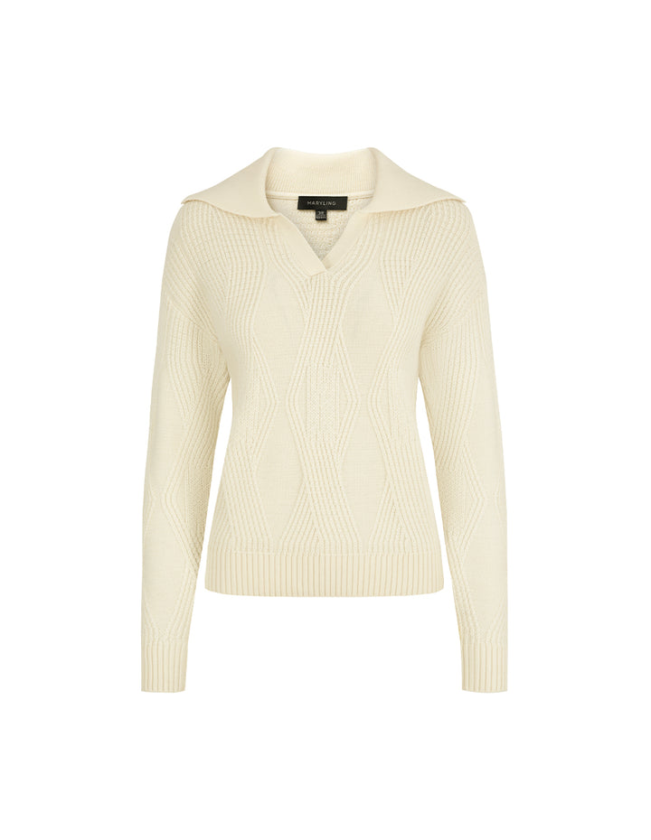 MARYLING Lapel Collar Long-Sleeve Cream-Colored Knitted Pullover