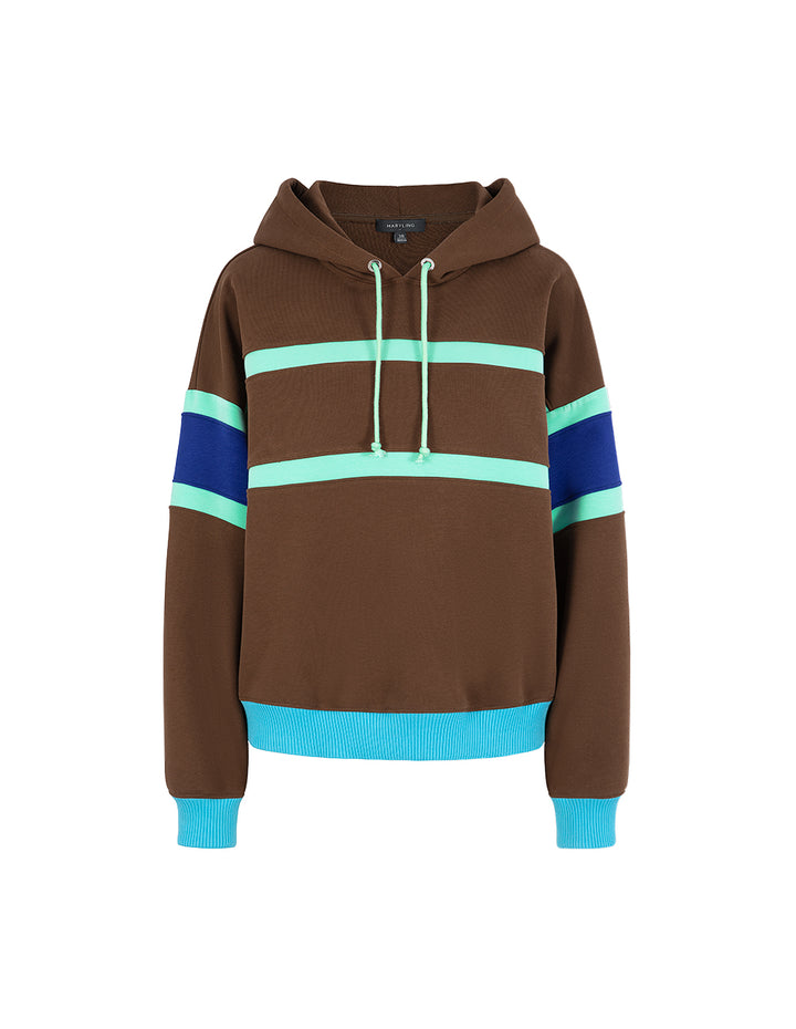 MARYLING Blue And Brown Colour Block Hooded Casual Sweatshirt