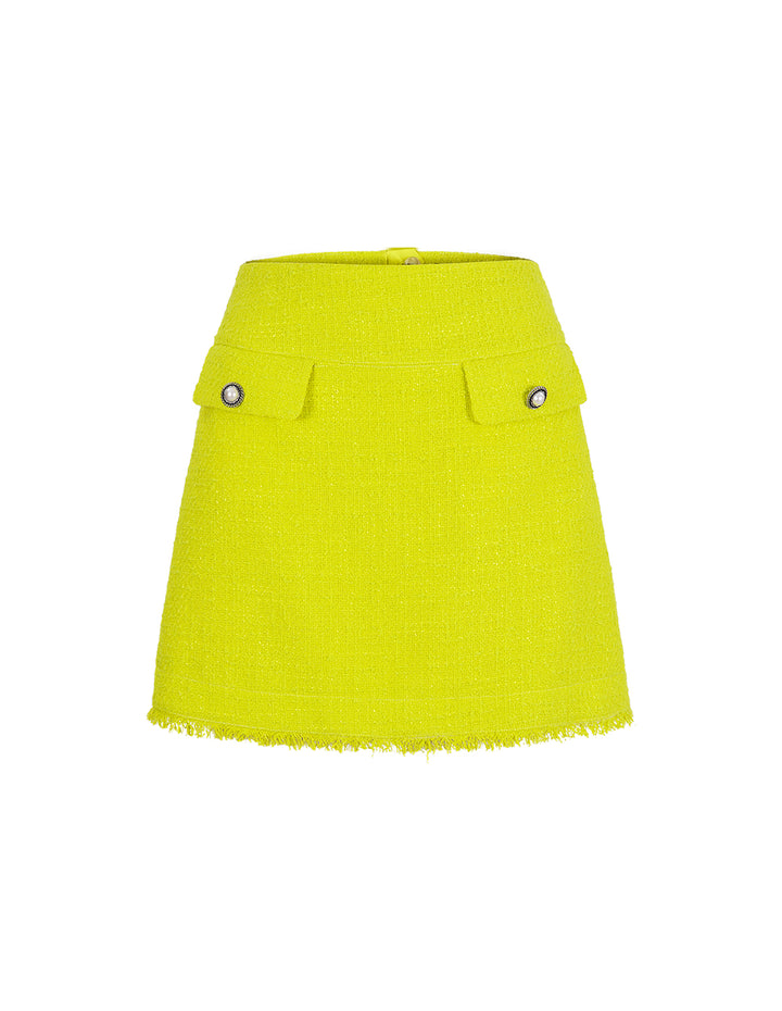 MARYLING Bright Yellow Contrast Button Tweed Skirt