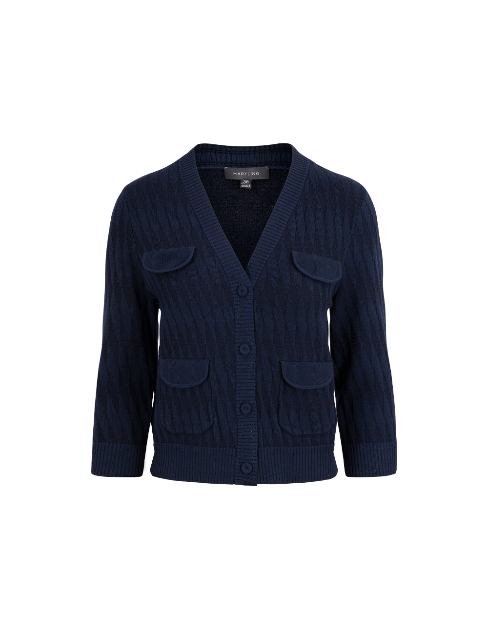 MARYLING Dark Blue V-Neck Two-Color Knitted Cardigan