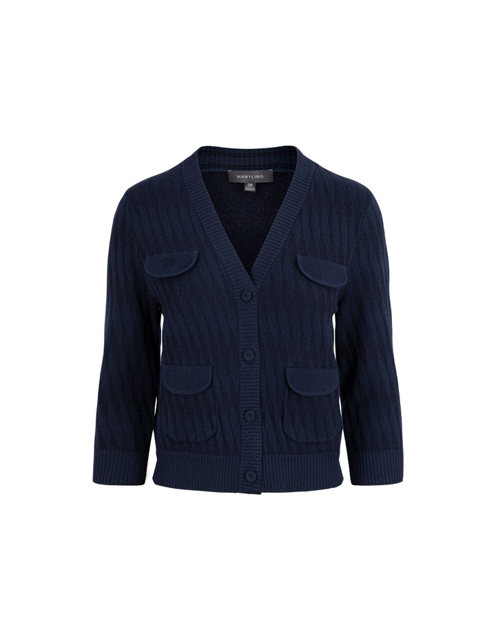 MARYLING Dark Blue V-Neck Two-Color Knitted Cardigan