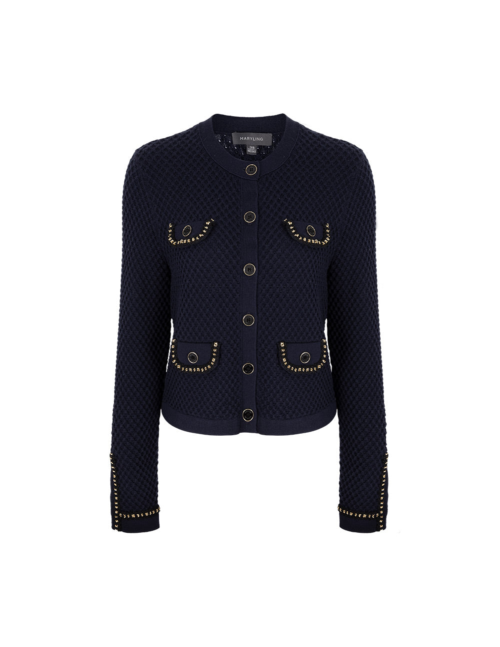 MARYLING Round-Neck Chain Mutil-Pocket Cropped Knit Cardigan