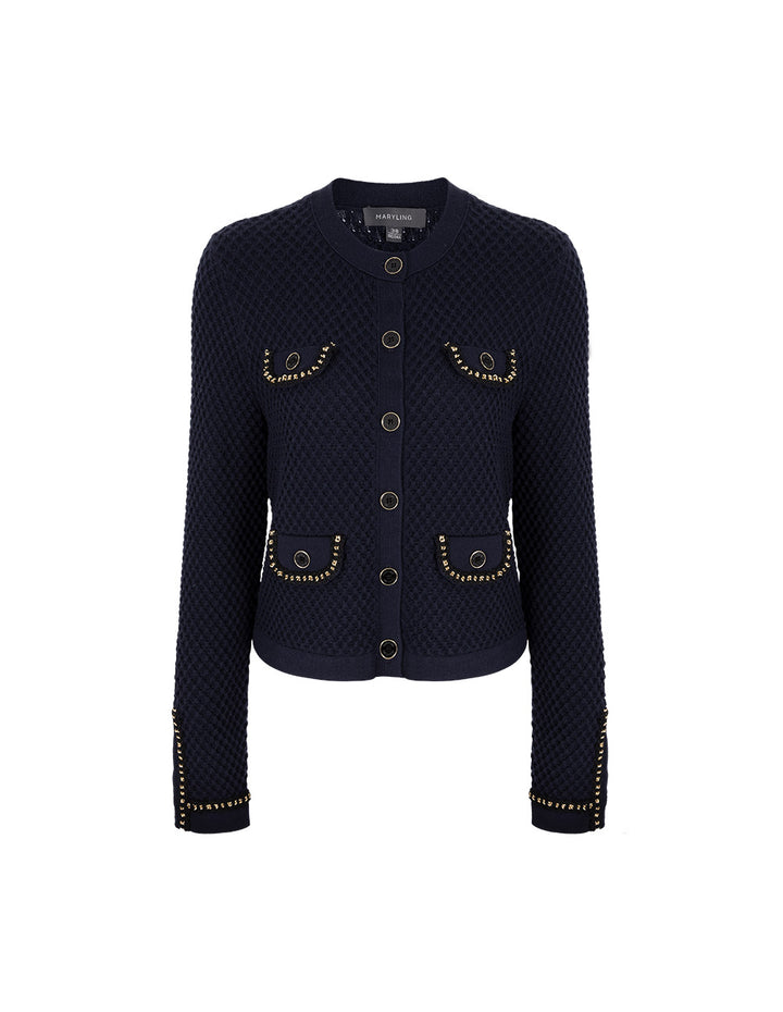 MARYLING Round-Neck Chain Mutil-Pocket Cropped Knit Cardigan