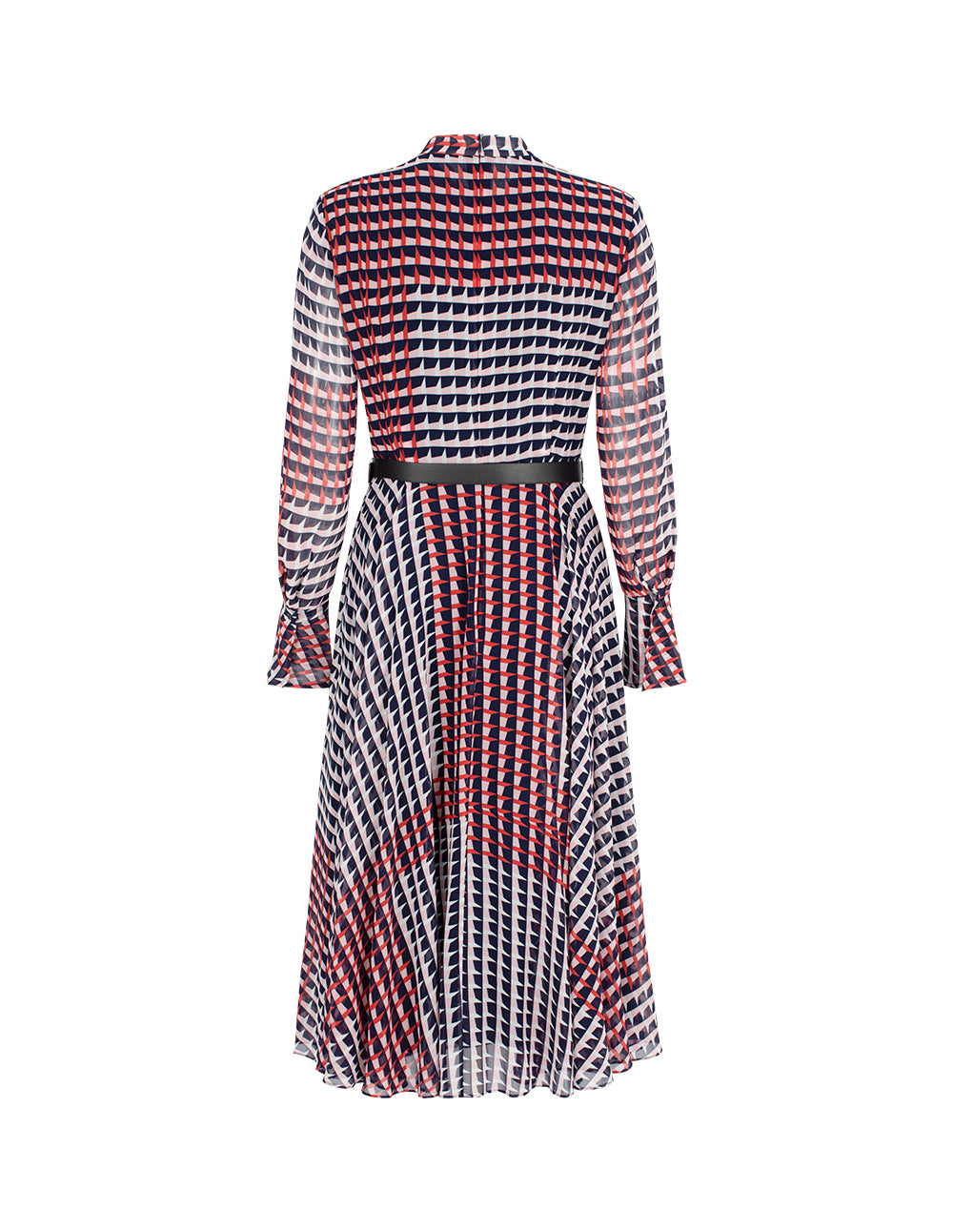 MARYLING Stand-Collar Trumpet Sleeves Houndstooth Pleated Midi Dress