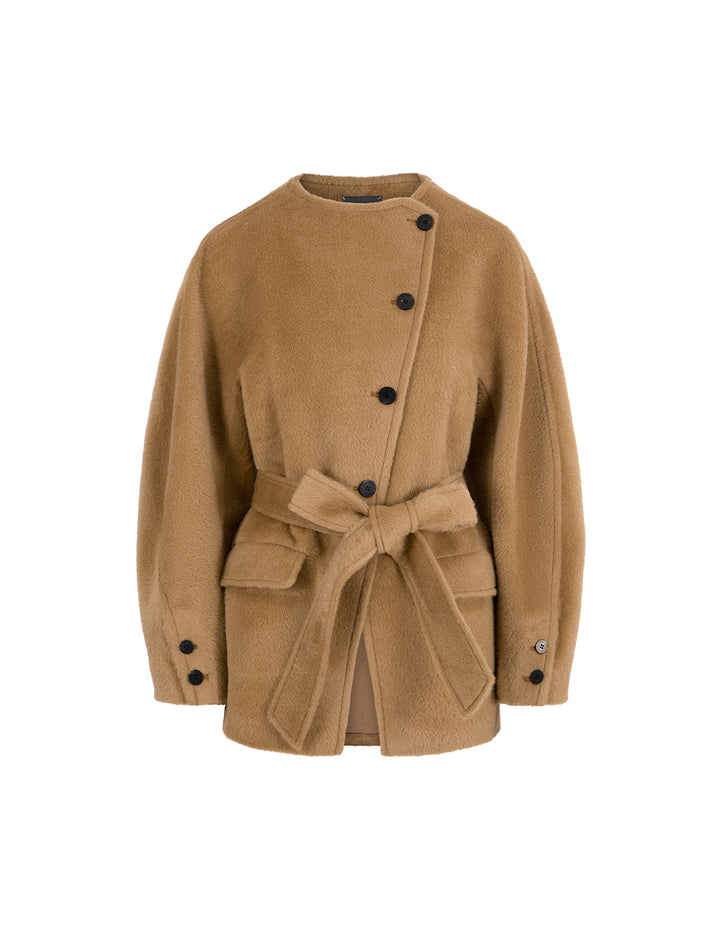 MARYLING Crew-Neck Single Oblique Breasted Belted Long-Sleeve Cashmere Coat