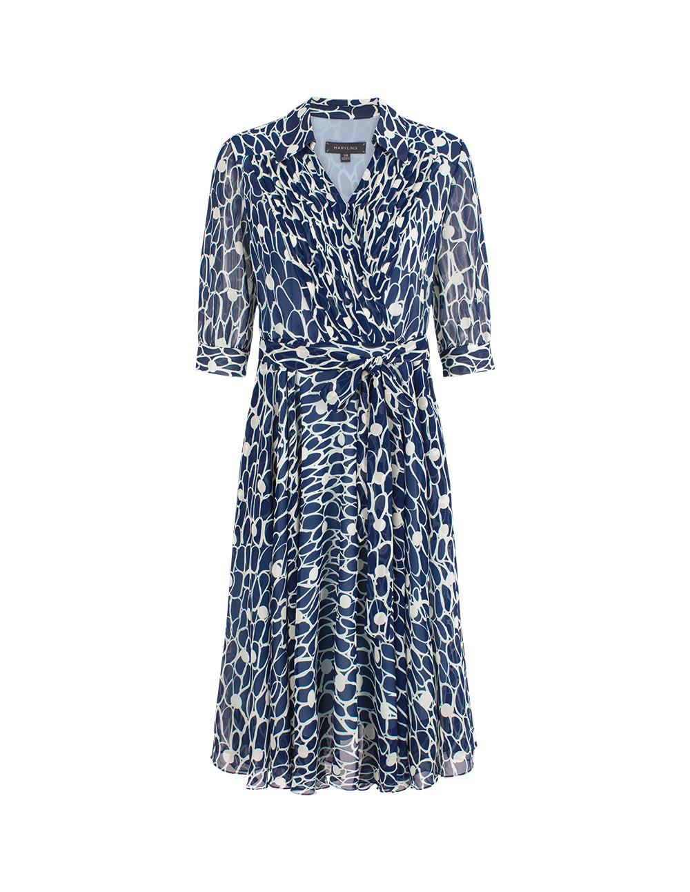 MARYLING V-Neck Puff Sleeve Pin Tuck Glass-Bead Print Shirt Dress