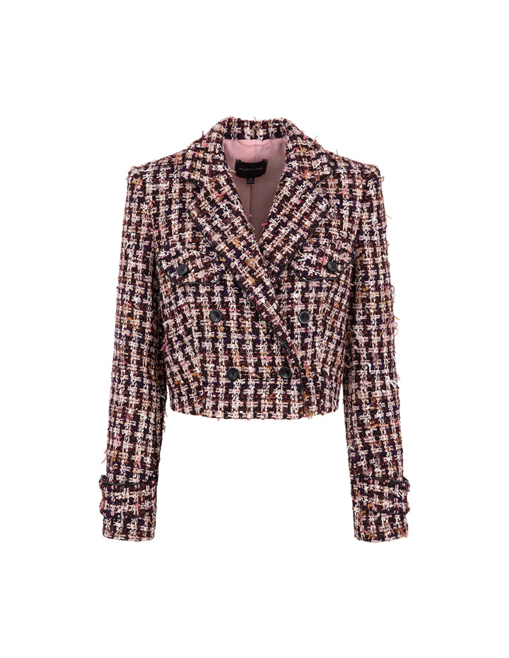 MARYLING Pink & Black Plaid H-Shaped Cropped Tweed Jacket