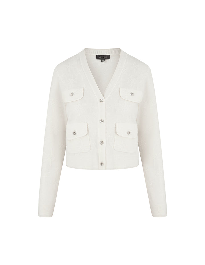 MARYLING V-Neck Multi-Pocket Long-Sleeve Jacquard Cropped Knitted Cardigan