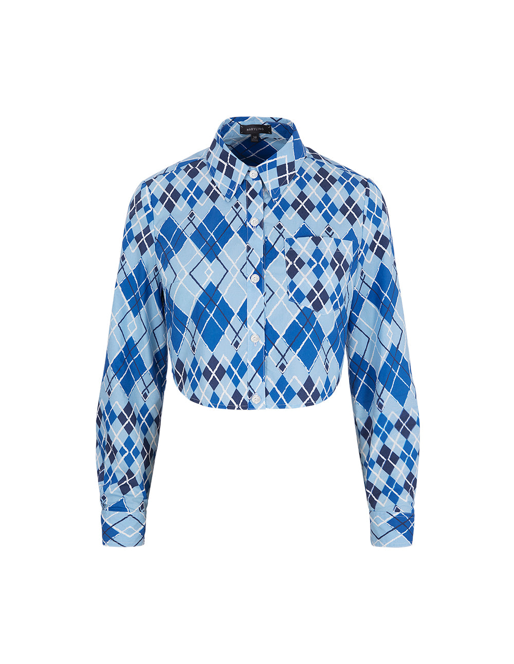 MARYLING Blue And White Plaid Shirt Collar Round Hem Blouse