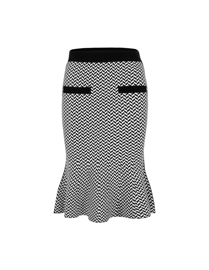 MARYLING Black And White Herringbone Fishtail Wool Knitted Skirt