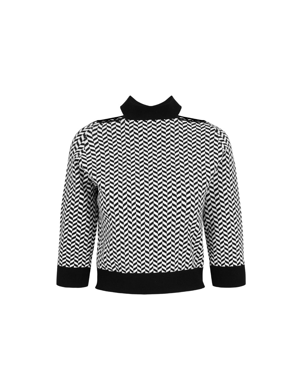 MARYLING Black And White Herringbone Off-Shoulder Mid-Sleeve Knitted Pullover