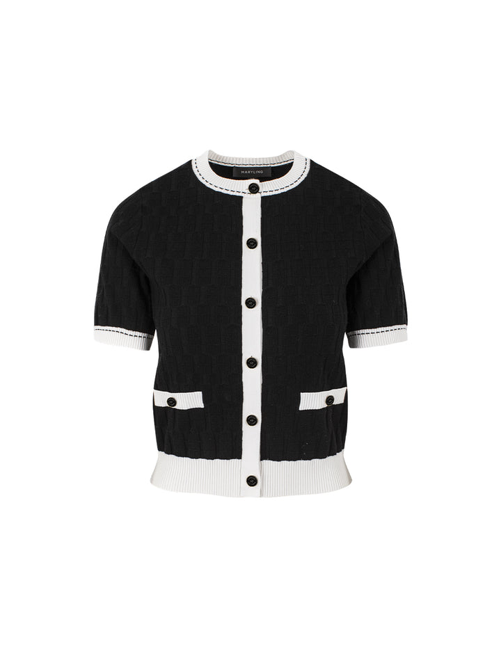 MARYLING Round Neck Half Sleeve White-Trimmed Knit Cardigan