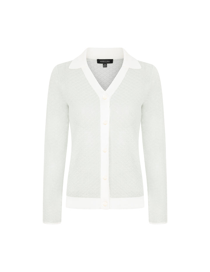 MARYLING Lapel Long Sleeve White Stripe-Trimmed Knitted Cardigan