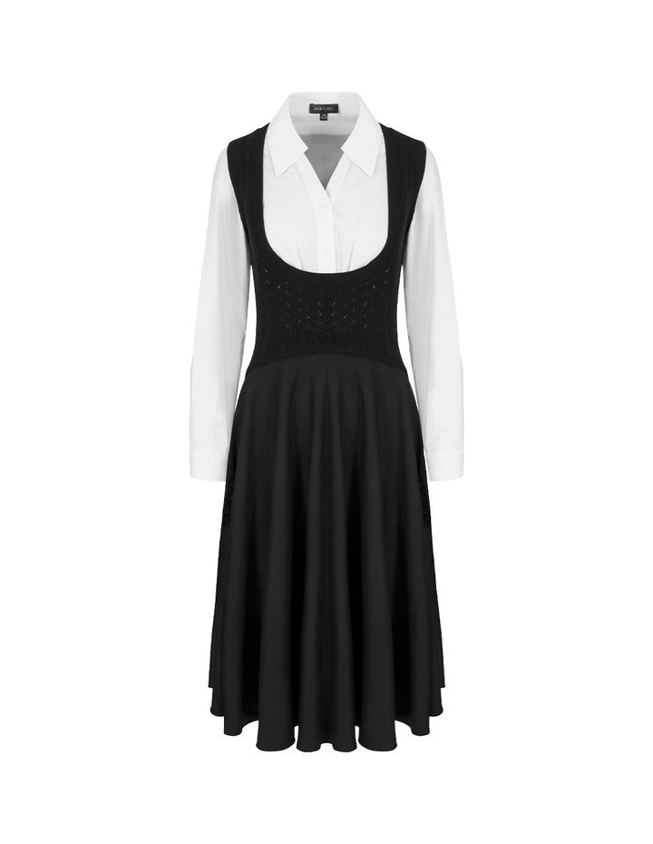 MARYLING Black & White Patchwork Midi Pleated Shirt Dress