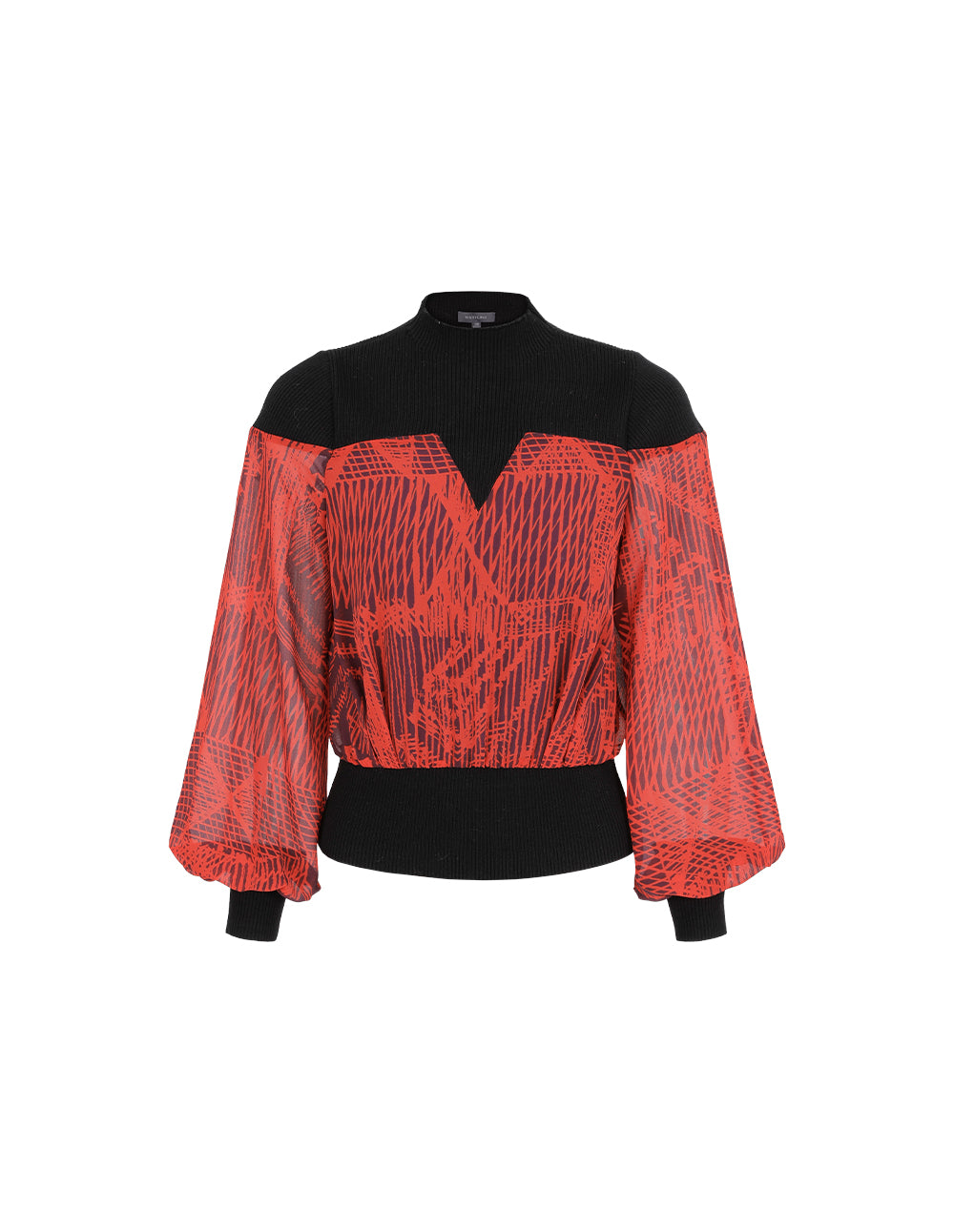 MARYLING High Collar Knit Patchwork Print Blouse