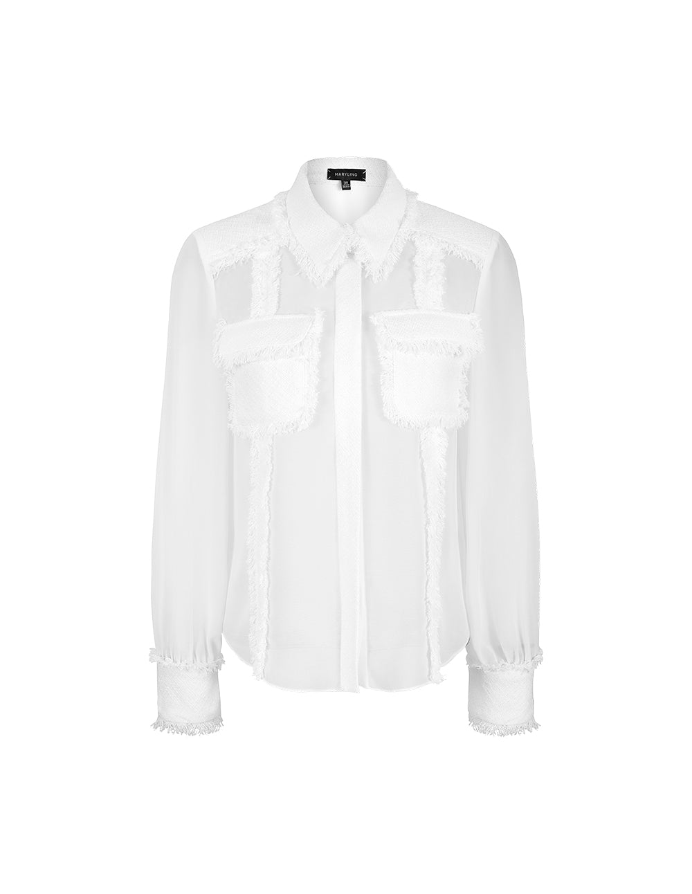 MARYLING White Frayed Edge Georgette Shirt Collar Blouse