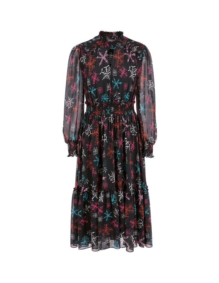 MARYLING Ruffle Collar Cutout Printed Long Sleeve Pleated Midi Dress