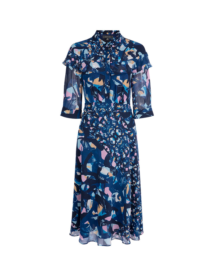 MARYLING Shirt Collar Printed Short Sleeves Midi Shirt Dress